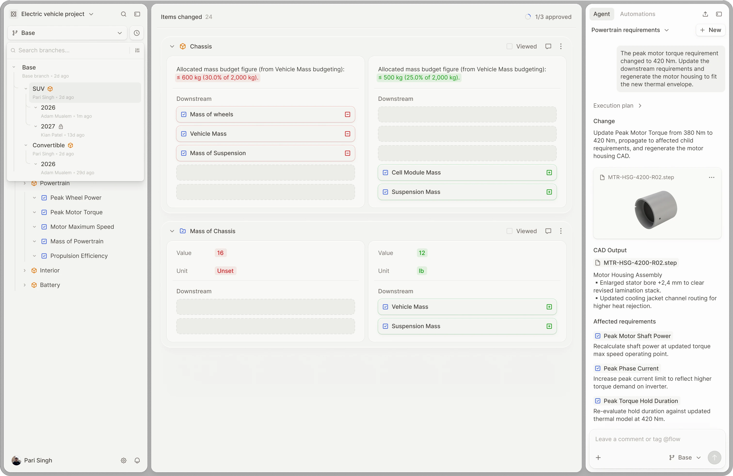 A Flow branch review listing changed items with their downstream impact, next to the branch tree of an electric vehicle program.