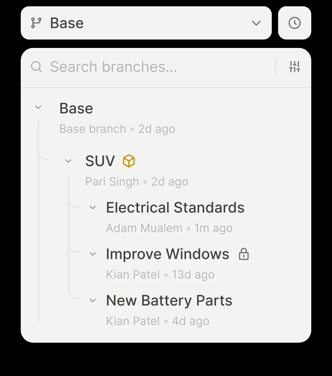 The Flow branch tree with SUV, Electrical Standards, Improve Windows, and New Battery Parts branches off the base branch.