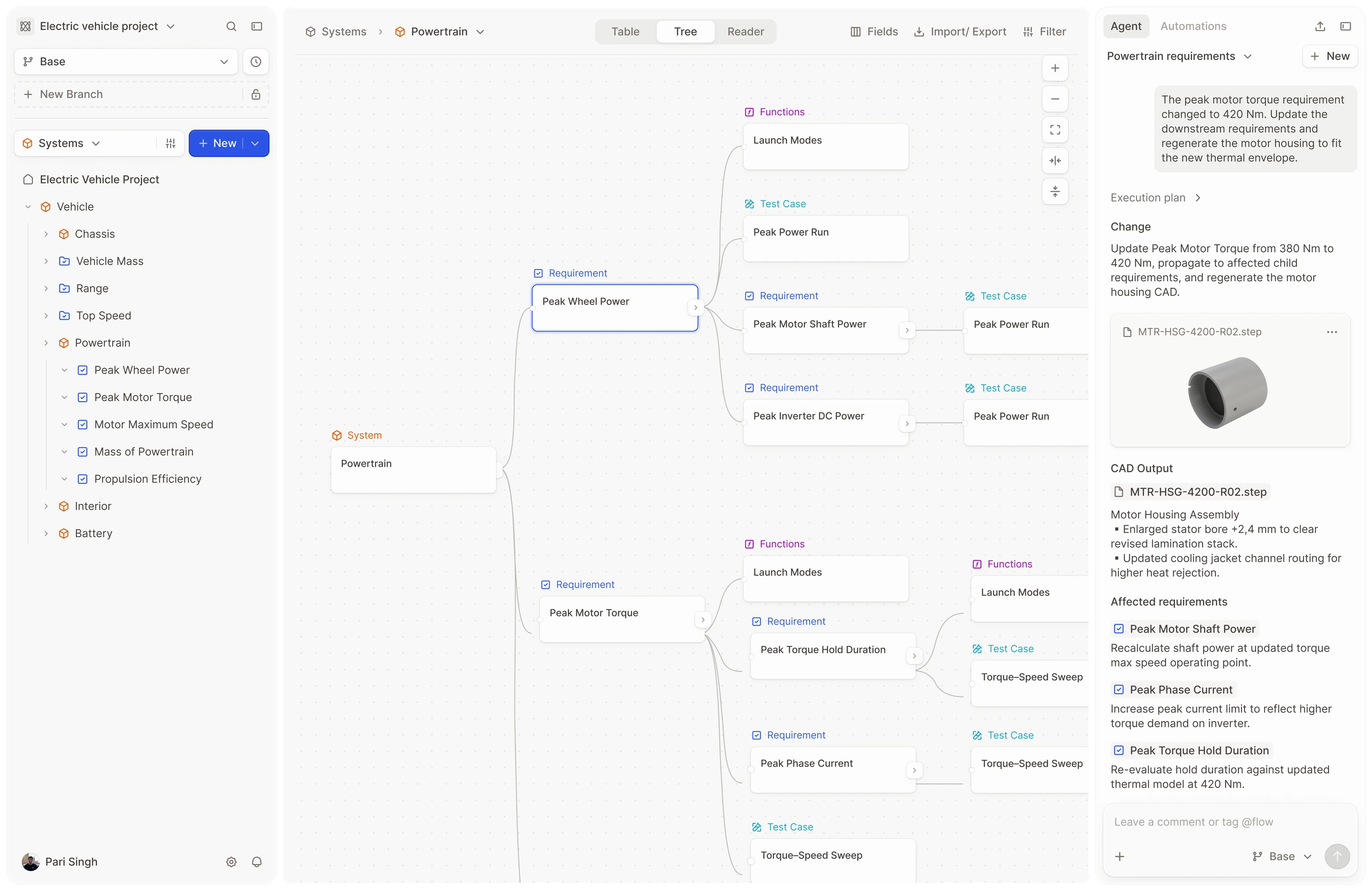 Flow's systems tree for an electric vehicle program, with requirements, functions, and test cases connected in one live model.