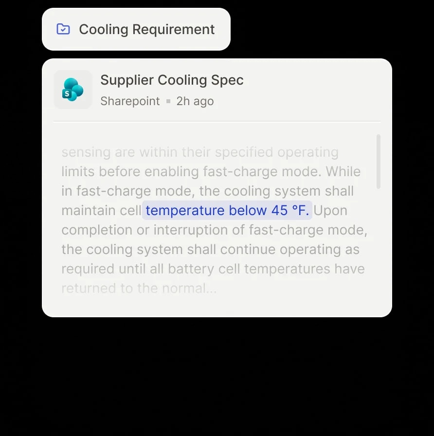 A supplier cooling spec from SharePoint linked to a cooling requirement, with the governing clause highlighted.